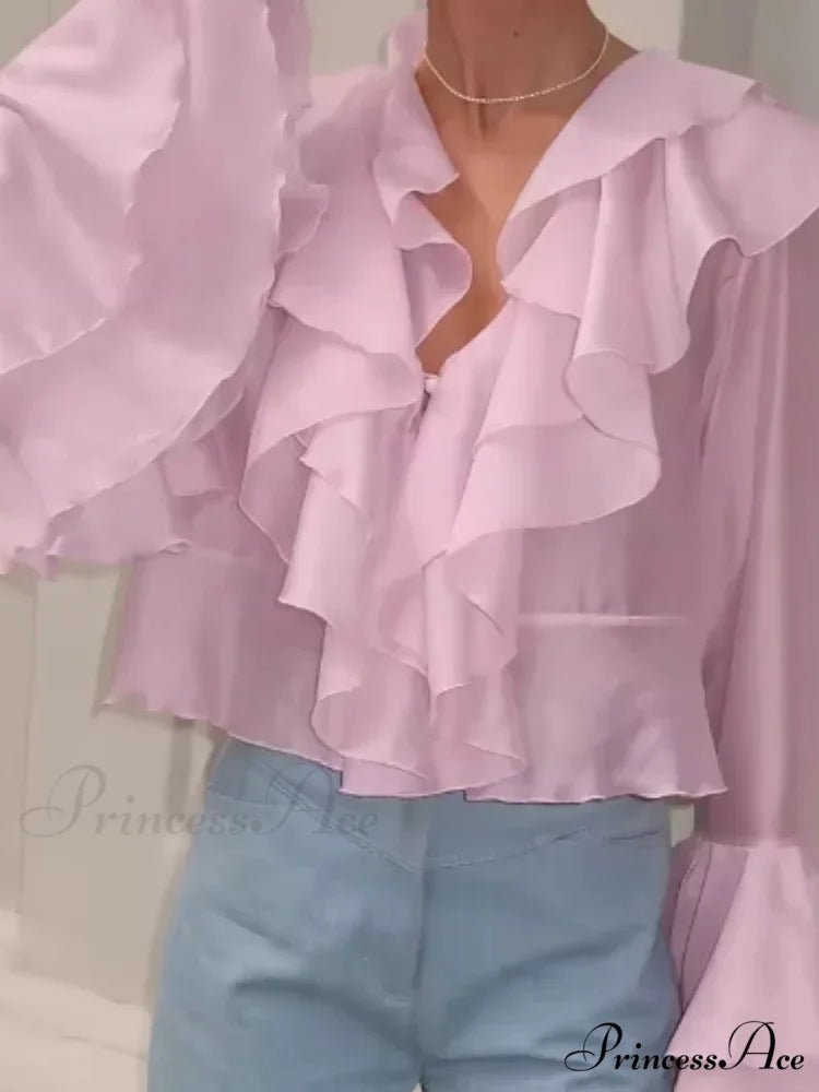 Frills V Neck Rose Chiffon Blouse