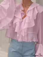 Frills V Neck Rose Chiffon Blouse