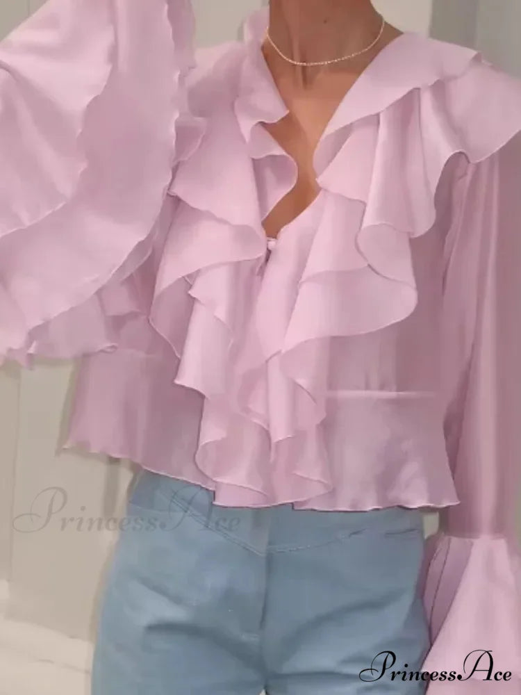 Frills V Neck Rose Chiffon Blouse