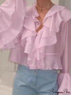 Frills V Neck Rose Chiffon Blouse