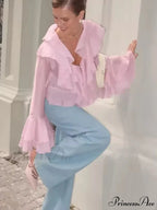 Frills V Neck Rose Chiffon Blouse