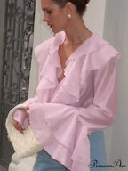 Frills V Neck Rose Chiffon Blouse