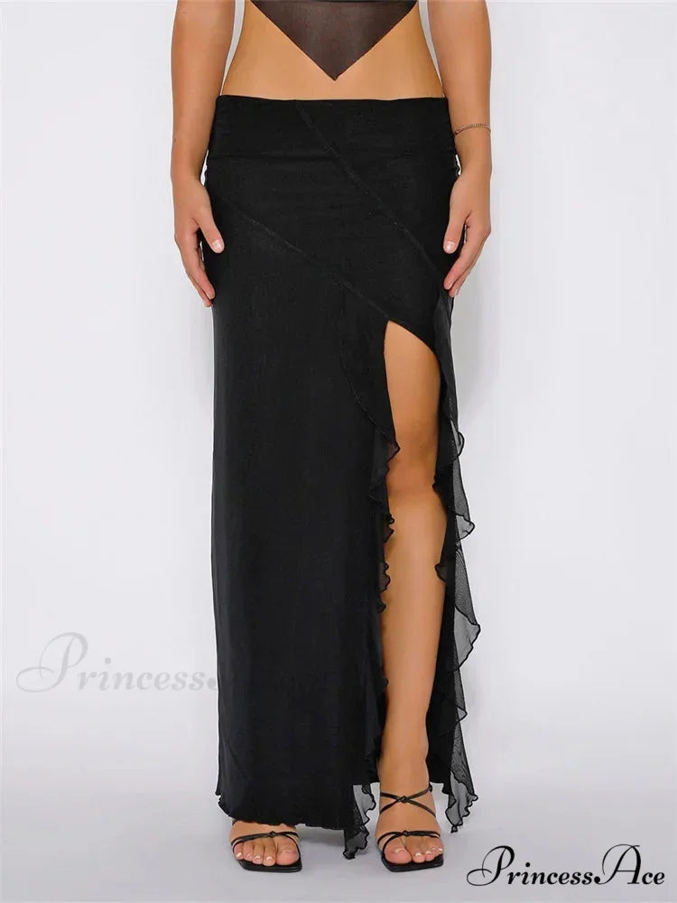 Frilly Mesh Flowery Low Waist High Split Bohemian Skirt