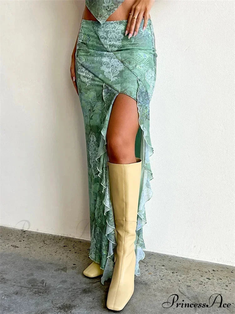Frilly Mesh Flowery Low Waist High Split Bohemian Skirt