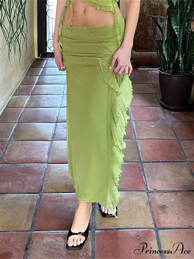 Frilly Mesh Flowery Low Waist High Split Bohemian Skirt
