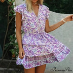 Frilly Sleeve Flowered Seaside Bohemian Short Dress