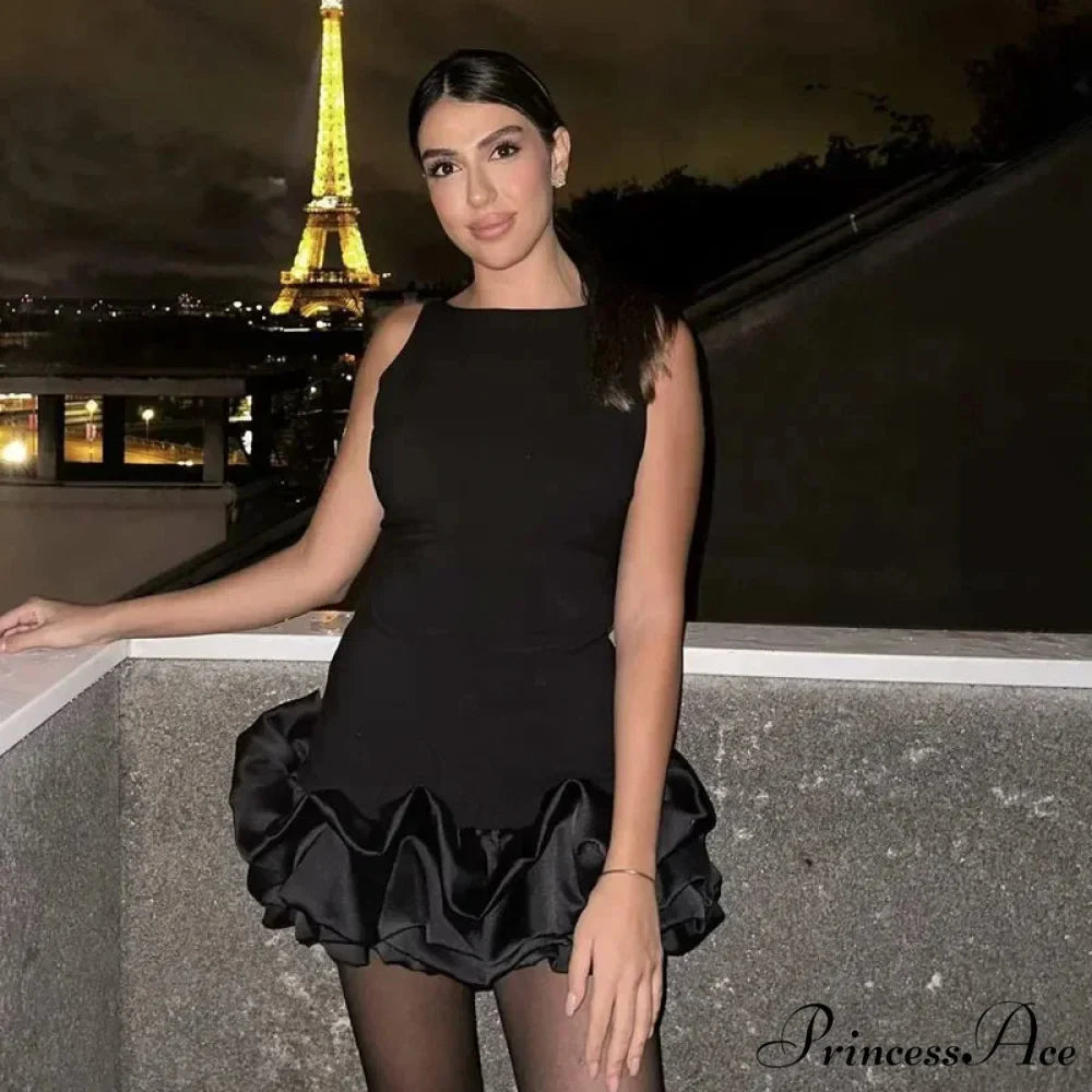 Frilly Sleeveless Form-Fitting Ivory Ebony Crimson Short Dress