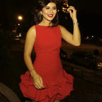 Frilly Sleeveless Form-Fitting Ivory Ebony Crimson Short Dress