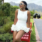 Frilly Sleeveless Form-Fitting Ivory Ebony Crimson Short Dress