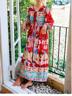 Fringe Crimson Flower Pattern Rayon Cotton Pleated Extended Maxi Boho Sundress