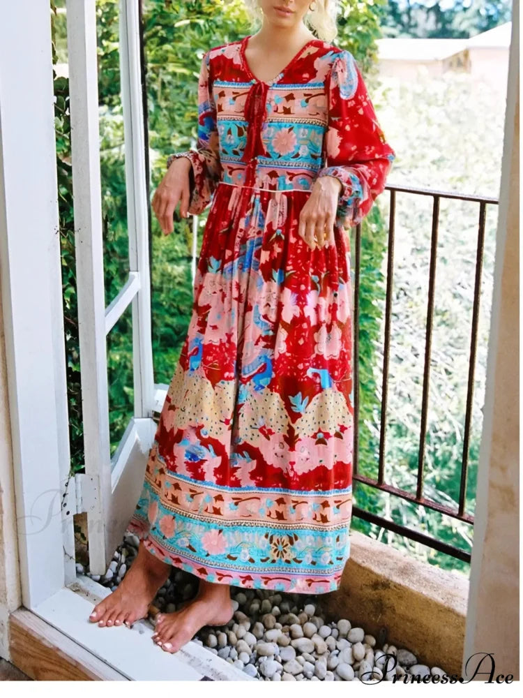 Fringe Crimson Flower Pattern Rayon Cotton Pleated Extended Maxi Boho Sundress