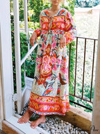 Fringe Crimson Flower Pattern Rayon Cotton Pleated Extended Maxi Boho Sundress