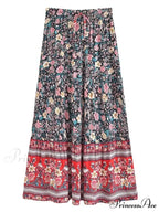Fringe Flower Pattern Seaside Bohemian Pleated Maxi Skirt Woman