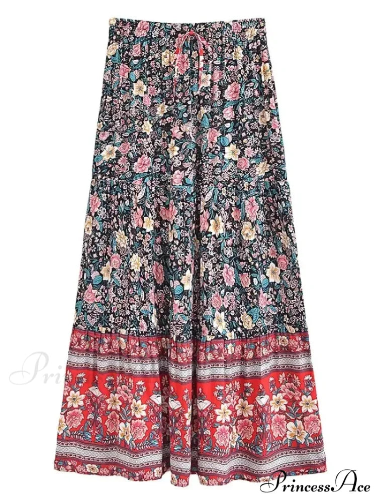 Fringe Flower Pattern Seaside Bohemian Pleated Maxi Skirt Woman