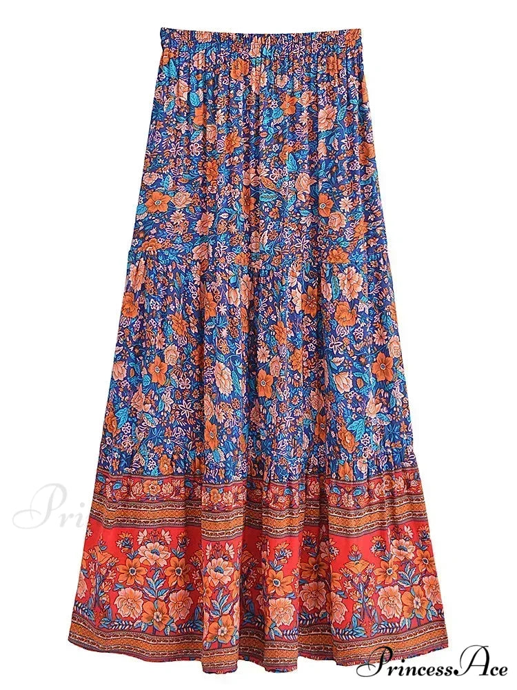 Fringe Flower Pattern Seaside Bohemian Pleated Maxi Skirt Woman