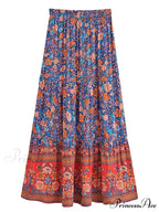 Fringe Flower Pattern Seaside Bohemian Pleated Maxi Skirt Woman