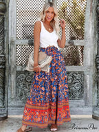 Fringe Flower Pattern Seaside Bohemian Pleated Maxi Skirt Woman
