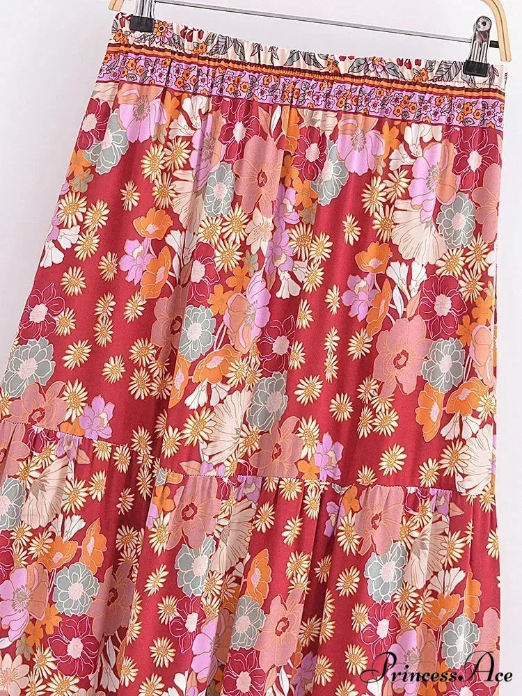 Fringe Stretch Waist Flower Patterned Seaside Bohemian Pleated Maxi Skirt