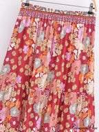 Fringe Stretch Waist Flower Patterned Seaside Bohemian Pleated Maxi Skirt