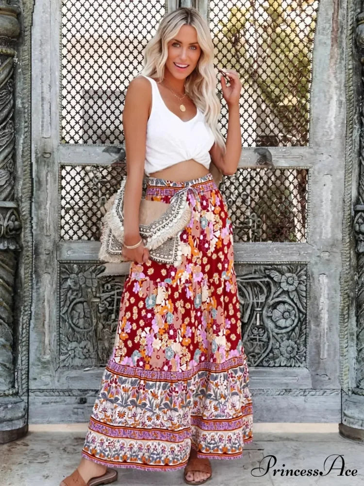 Fringe Stretch Waist Flower Patterned Seaside Bohemian Pleated Maxi Skirt