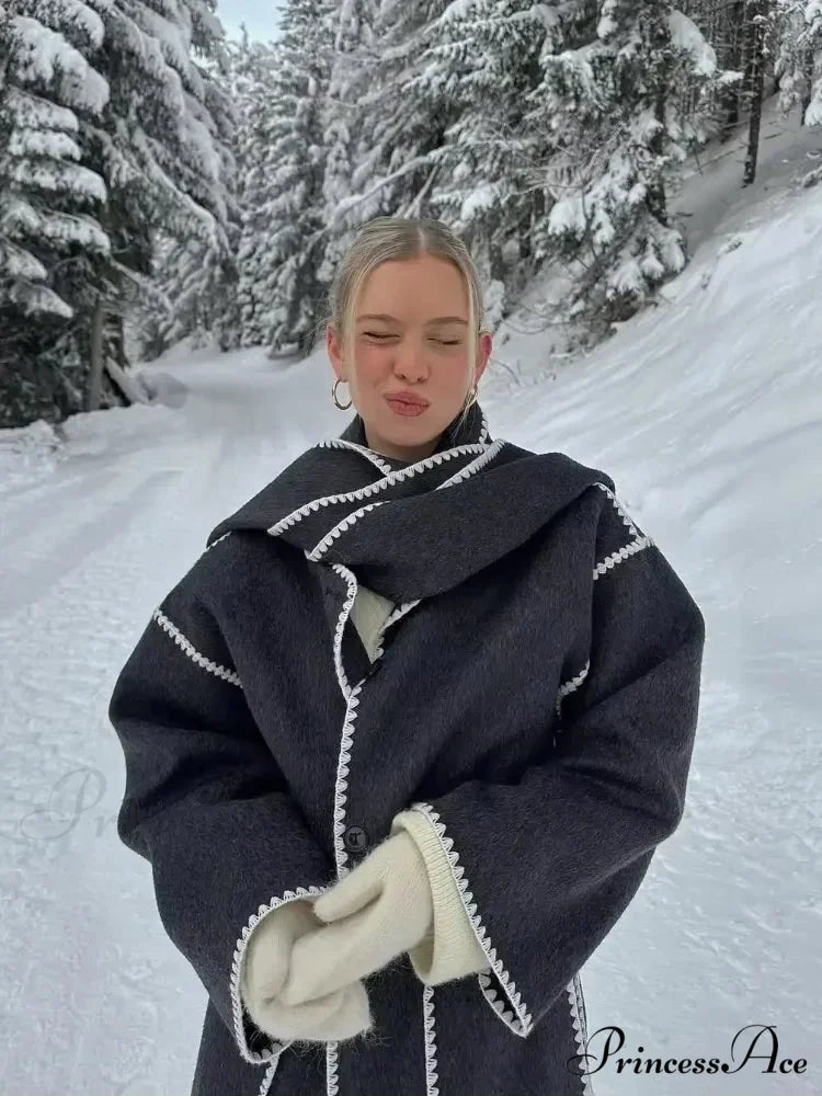 Fringes Scarf Neck Woolen Mix Coat