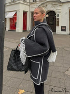 Fringes Scarf Neck Woolen Mix Coat