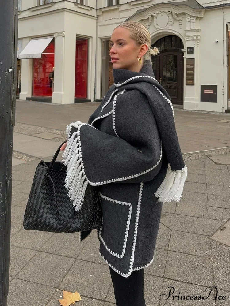 Fringes Scarf Neck Woolen Mix Coat