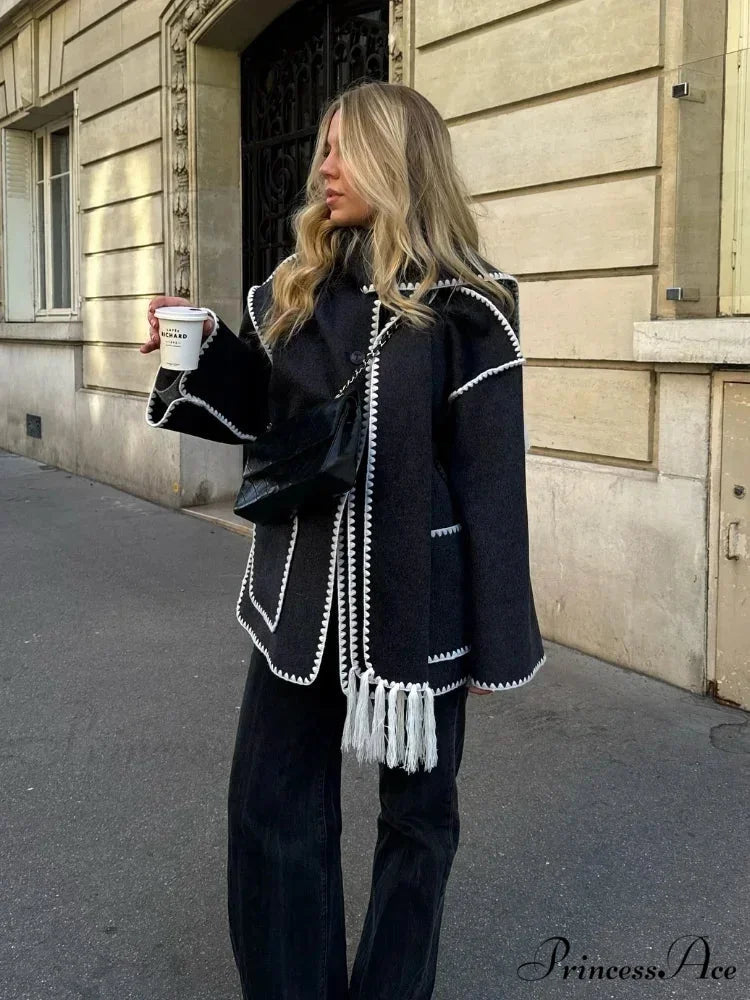 Fringes Scarf Neck Woolen Mix Coat