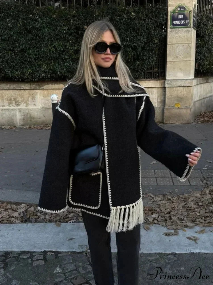 Fringes Scarf Neck Woolen Mix Coat