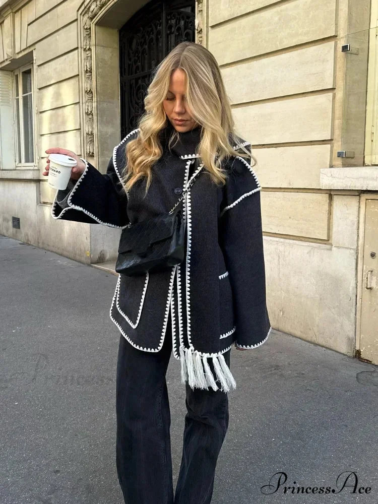 Fringes Scarf Neck Woolen Mix Coat