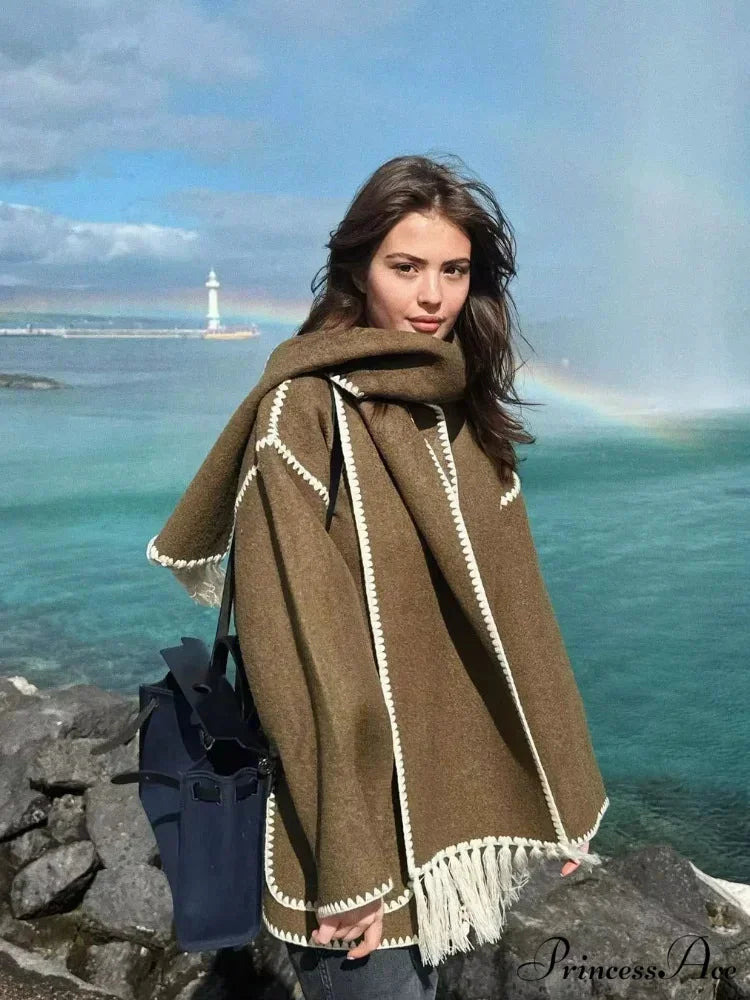 Fringes Scarf Neck Woolen Mix Coat