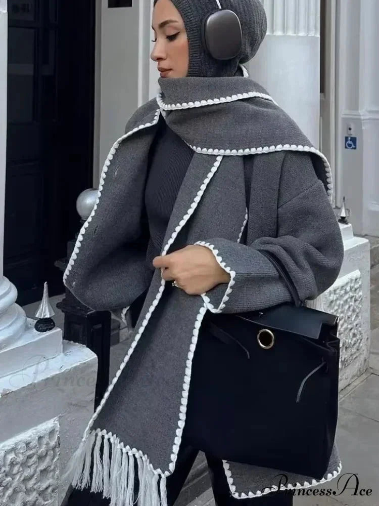 Fringes Scarf Neck Woolen Mix Coat