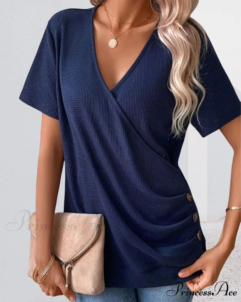 Front Cross Button Neck V T-Shirt