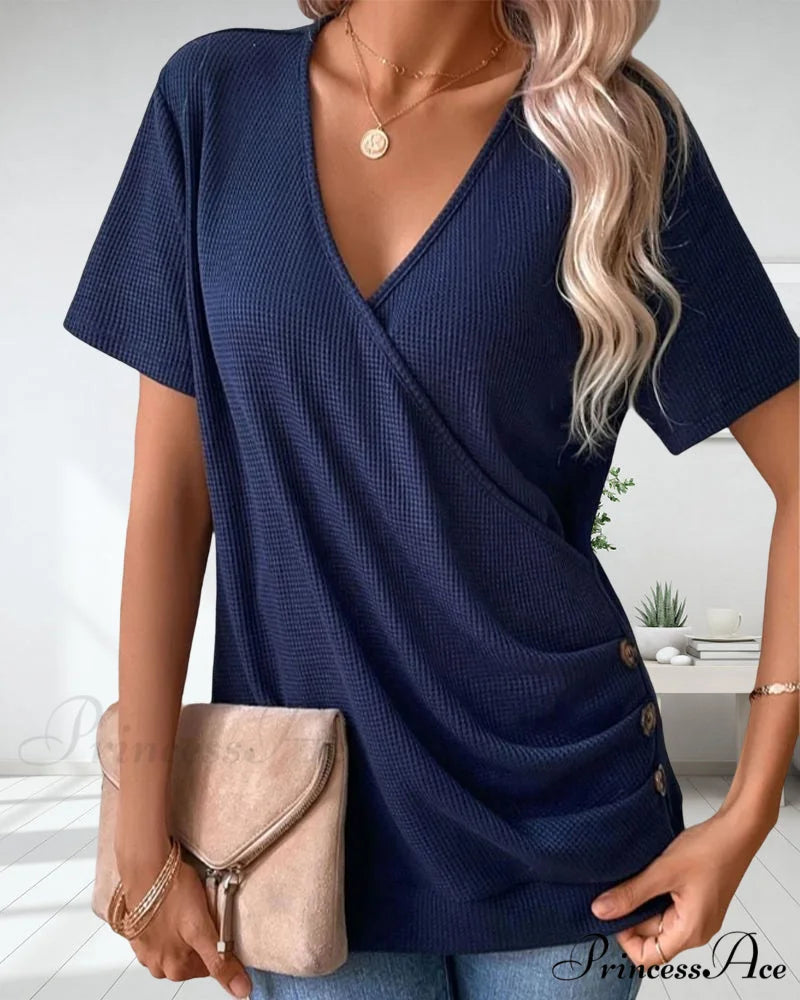 Front Cross Button Neck V T-Shirt