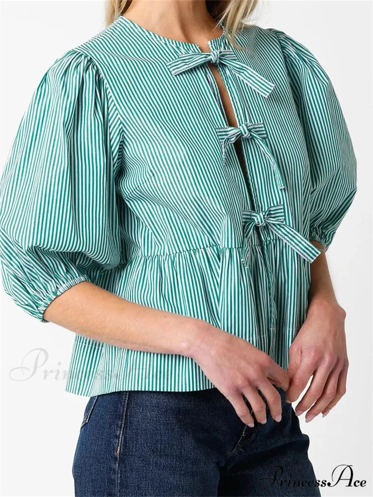 Front Division Bowknot Fasten-Up Puff Sleeve Blouse
