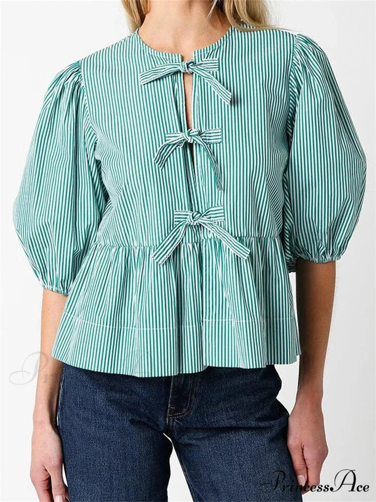 Front Division Bowknot Fasten-Up Puff Sleeve Blouse