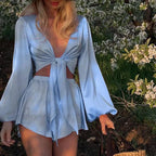 Front Fasten Low Neck Full Sleeve Crop Top Flow Shorts Two Pieces Set