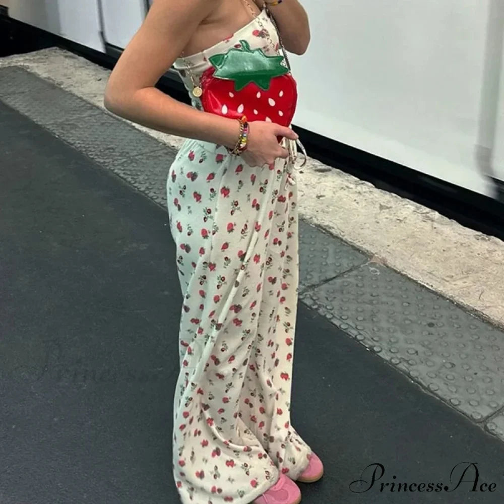 Fruit Pattern Strapless Tube Top Open Back Crop Top Pants Two Pieces Set