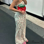 Fruit Pattern Strapless Tube Top Open Back Crop Top Pants Two Pieces Set