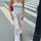 Fruit Pattern Strapless Tube Top Open Back Crop Top Pants Two Pieces Set