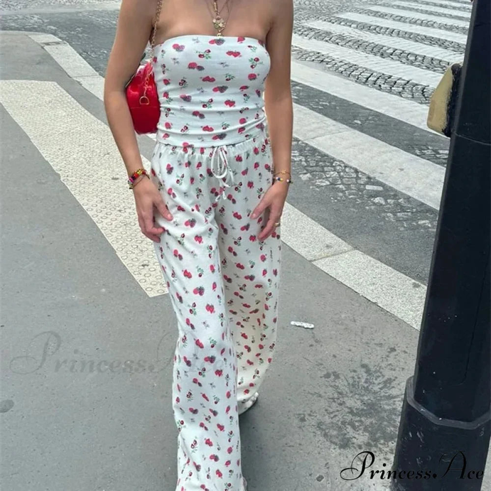 Fruit Pattern Strapless Tube Top Open Back Crop Top Pants Two Pieces Set