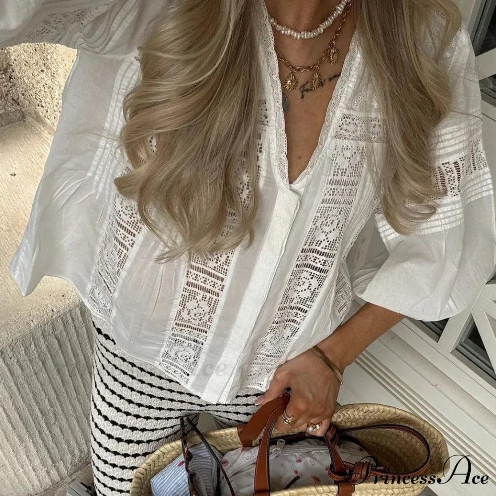 Full Sleeve Deep Neck Floral Stitching Cotton Bohemian Top