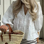 Full Sleeve Deep Neck Floral Stitching Cotton Bohemian Top