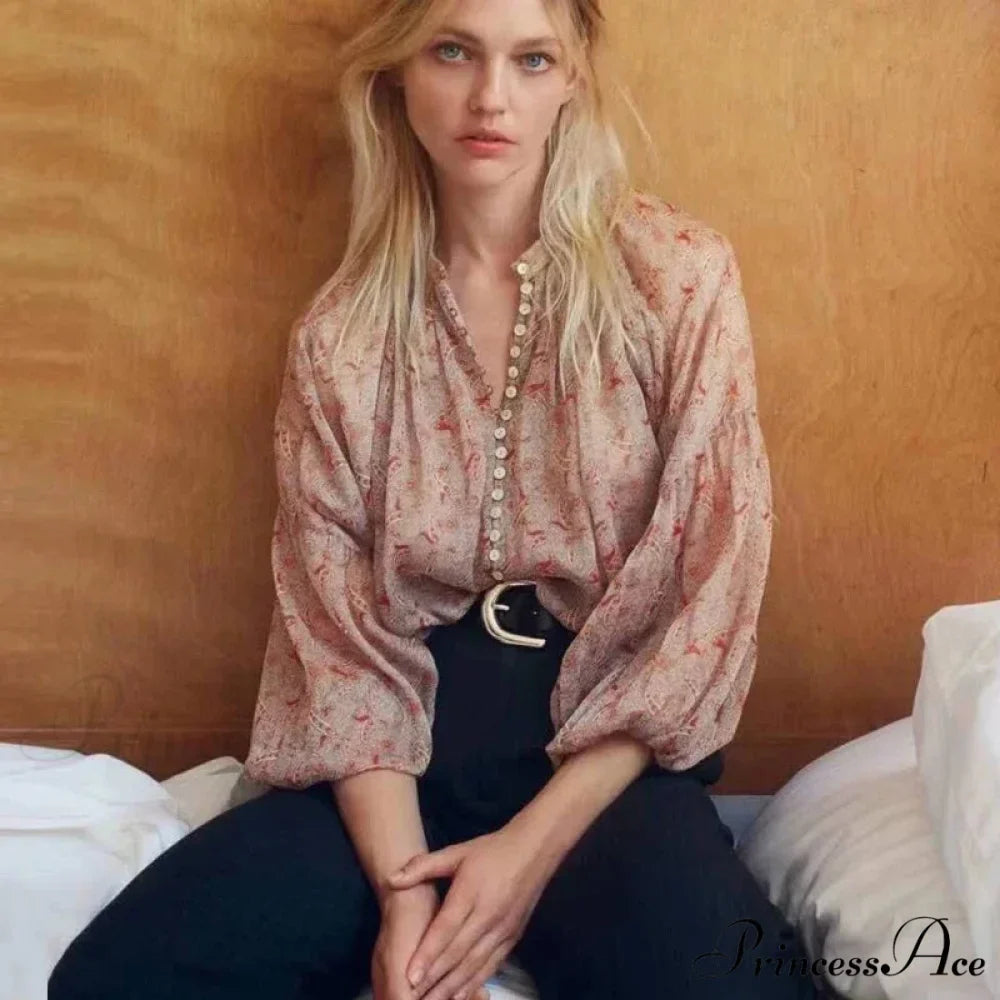 Full Sleeve Extended Sleeve Vintage Red Floral Print Bohemian Blouse