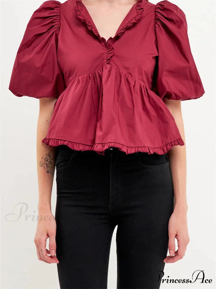 Full Sleeve Frill Trim V-neck Top