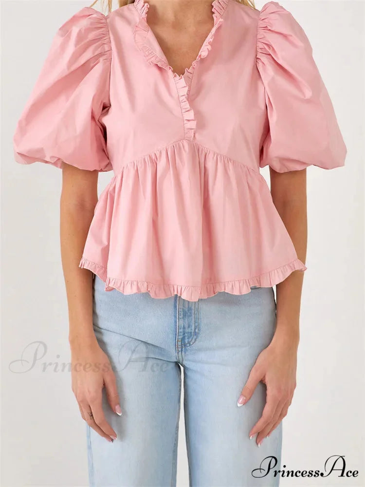 Full Sleeve Frill Trim V-neck Top