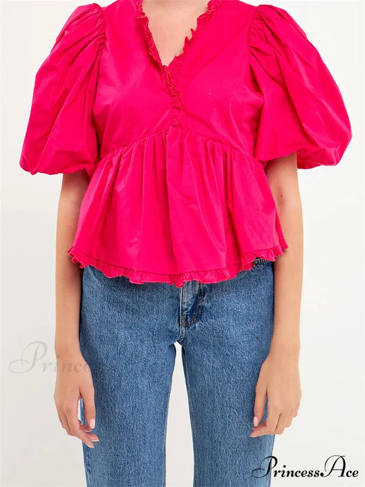 Full Sleeve Frill Trim V-neck Top