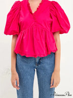 Full Sleeve Frill Trim V-neck Top