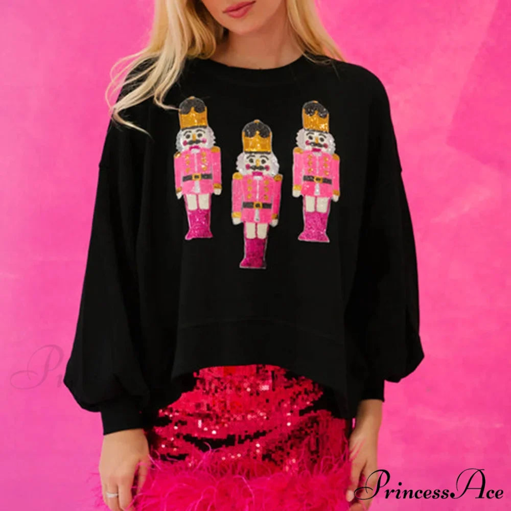 Funny Imcute Sequin Nutcracker Graphic Long Sleeve Christmas Hoodie