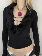 Furry Border Sleek Low-Cut Knitted Long Sleeve Knit Top